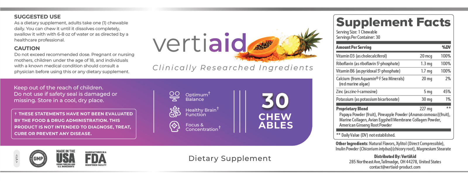 Vertiaid supplement facts label